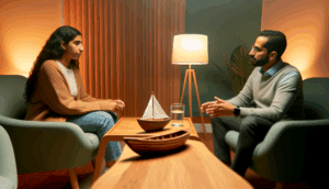 alt_text: A calm therapy room with a diverse individual and compassionate professional discussing mental health.