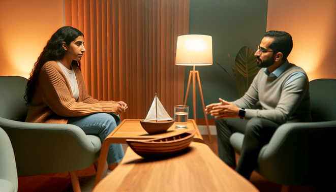 alt_text: A calm therapy room with a diverse individual and compassionate professional discussing mental health.