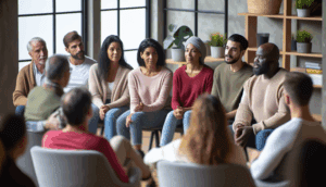 alt_text: Warm and inviting cover for 'Path to Recovery', showing a diverse group in supportive discussion.