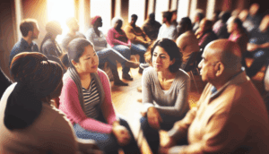alt_text: A diverse group united in a warm community center, sharing experiences to prevent family violence.